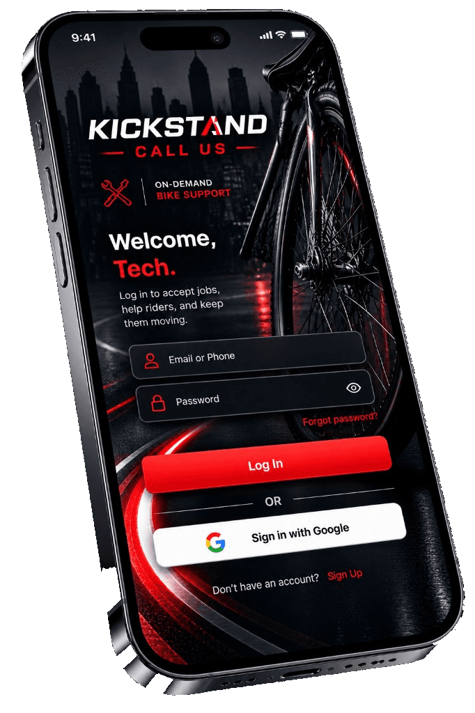 Kickstand Call Us mobile app login screen for on-demand bike support, built by aikware
